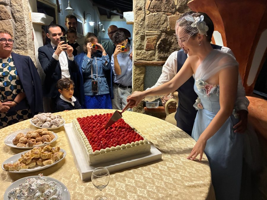 Couple cuts large strawberry cake while guests take photos at party.