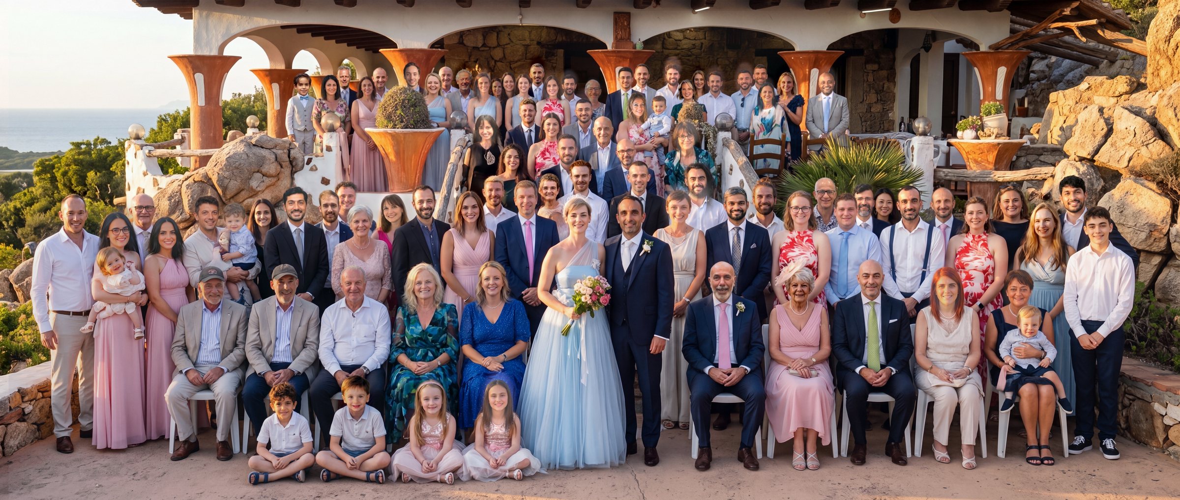 An AI-made group photo of all the wedding guests on the terrace at Sa Guardia at sunset