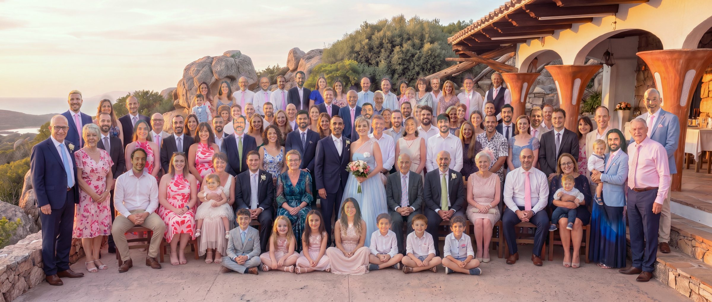 An AI-made group photo of all the wedding guests on the terrace at Sa Guardia at sunset